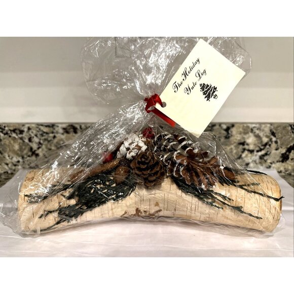Decorative Holiday Yule Log Christmas Centerpiece 11" Birch, Pine Cones, Berries - Picture 1 of 12
